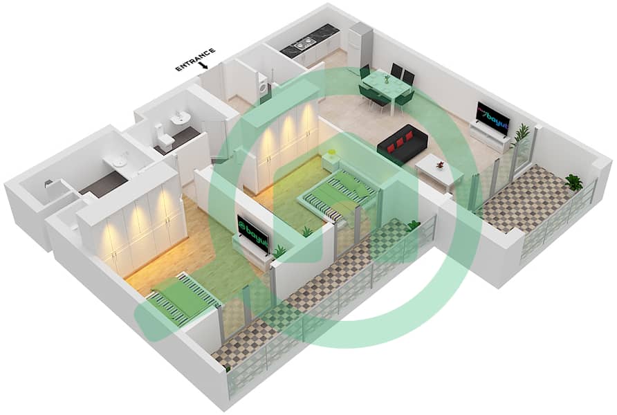 Al Zeina Building C - 2 Bedroom Apartment Unit 202 Floor plan interactive3D
