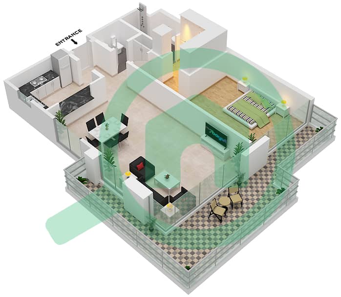 Бэй Сквер 9 - Апартамент 1 Спальня планировка Тип A interactive3D
