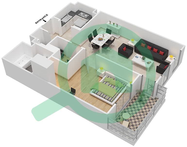 轴心银色公寓1号 - 1 卧室公寓类型／单位C/3戶型图 interactive3D