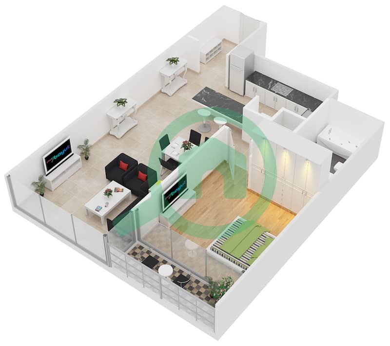 المخططات الطابقية لتصميم النموذج B-LARGE شقة 1 غرفة نوم - برج سكاي كورتس A interactive3D