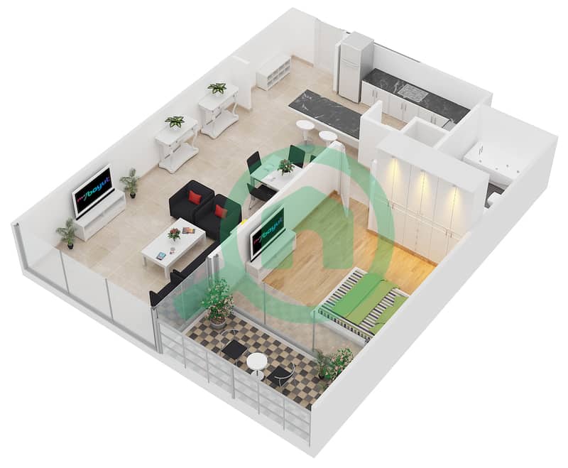 المخططات الطابقية لتصميم النموذج A-MEDIUM شقة 1 غرفة نوم - برج سكاي كورتس A interactive3D