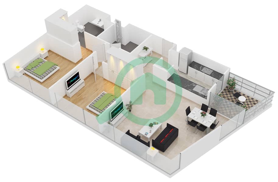 المخططات الطابقية لتصميم النموذج A-MEDIUM شقة 2 غرفة نوم - برج سكاي كورتس A interactive3D