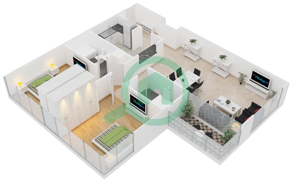 المخططات الطابقية لتصميم النموذج A-SMALL شقة 2 غرفة نوم - برج سكاي كورتس A interactive3D