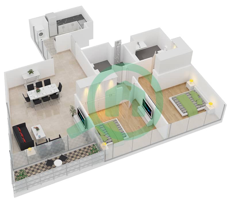المخططات الطابقية لتصميم النموذج C-MEDIUM شقة 2 غرفة نوم - برج سكاي كورتس A interactive3D