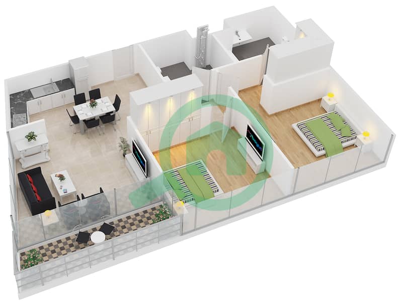 المخططات الطابقية لتصميم النموذج C1-MEDIUM شقة 2 غرفة نوم - برج سكاي كورتس A interactive3D