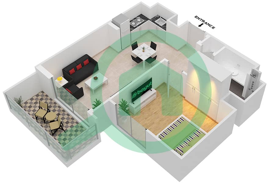 المخططات الطابقية لتصميم الوحدة 1 شقة 1 غرفة نوم - وترز أج interactive3D