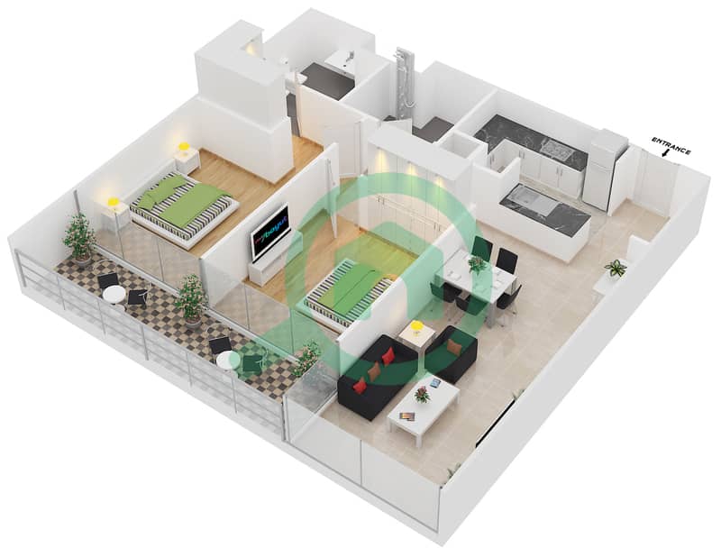 المخططات الطابقية لتصميم النموذج A - LARGE شقة 2 غرفة نوم - برج سكاي كورتس B interactive3D