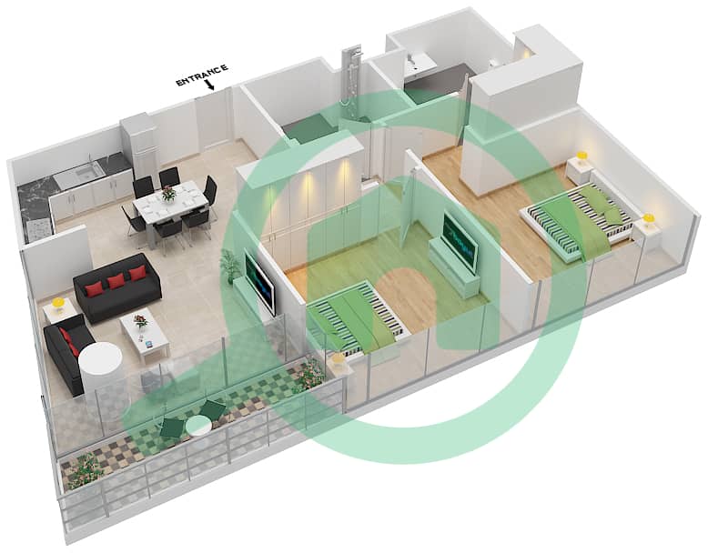 المخططات الطابقية لتصميم النموذج C1-MEDIUM شقة 2 غرفة نوم - برج سكاي كورتس B interactive3D