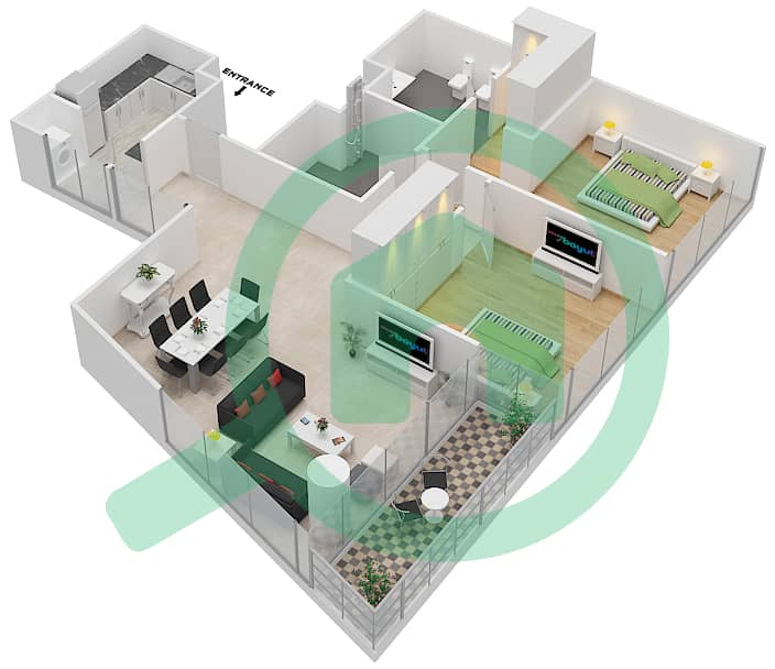 المخططات الطابقية لتصميم النموذج C-MEDIUM شقة 2 غرفة نوم - برج سكاي كورتس B interactive3D