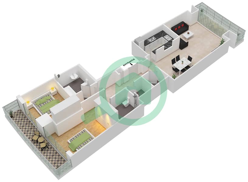 马尔萨广场 - 2 卧室公寓类型／单位2B/08,12戶型图 interactive3D