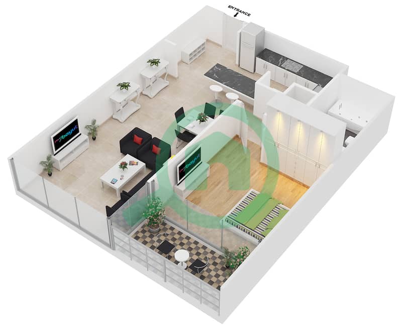المخططات الطابقية لتصميم النموذج A-MEDIUM شقة 1 غرفة نوم - برج سكاي كورتس E interactive3D