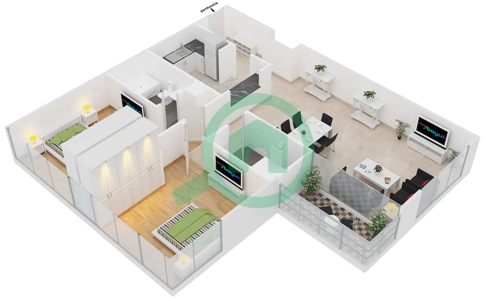 المخططات الطابقية لتصميم النموذج A-SMALL شقة 2 غرفة نوم - برج سكاي كورتس E interactive3D
