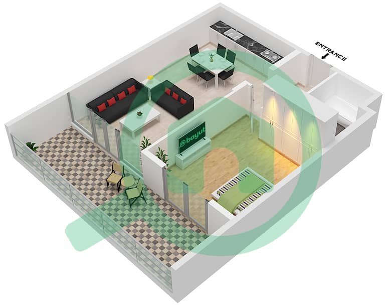 阿尔泽纳大厦A座 - 1 卧室公寓类型A14 FLOOR 4-14戶型图 Floor 4-14 interactive3D