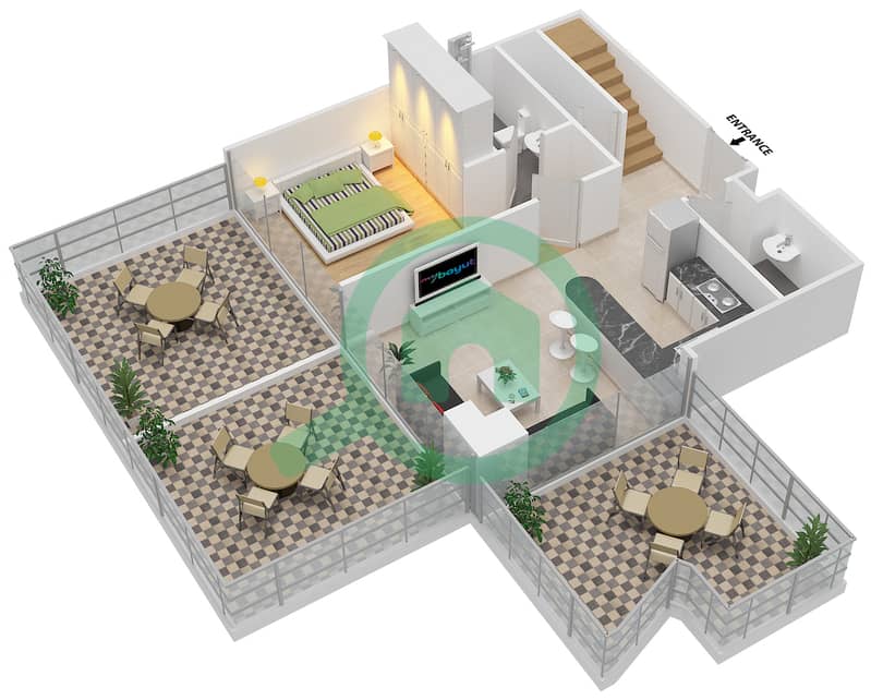 宾格蒂景观公寓 - 3 卧室公寓单位105戶型图 Lower Floor interactive3D