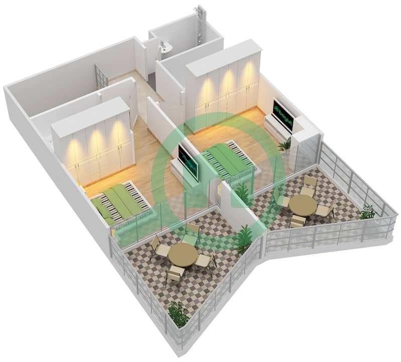 المخططات الطابقية لتصميم الوحدة 105 شقة 3 غرف نوم - بن غاطي فيوز Upper Floor interactive3D