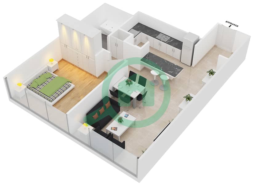 天际阁大厦D座 - 1 卧室公寓类型A-SMALL戶型图 interactive3D