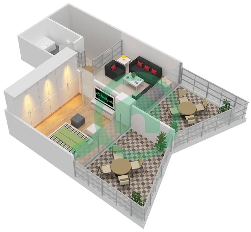المخططات الطابقية لتصميم الوحدة 113 شقة 2 غرفة نوم - بن غاطي فيوز Upper Floor interactive3D