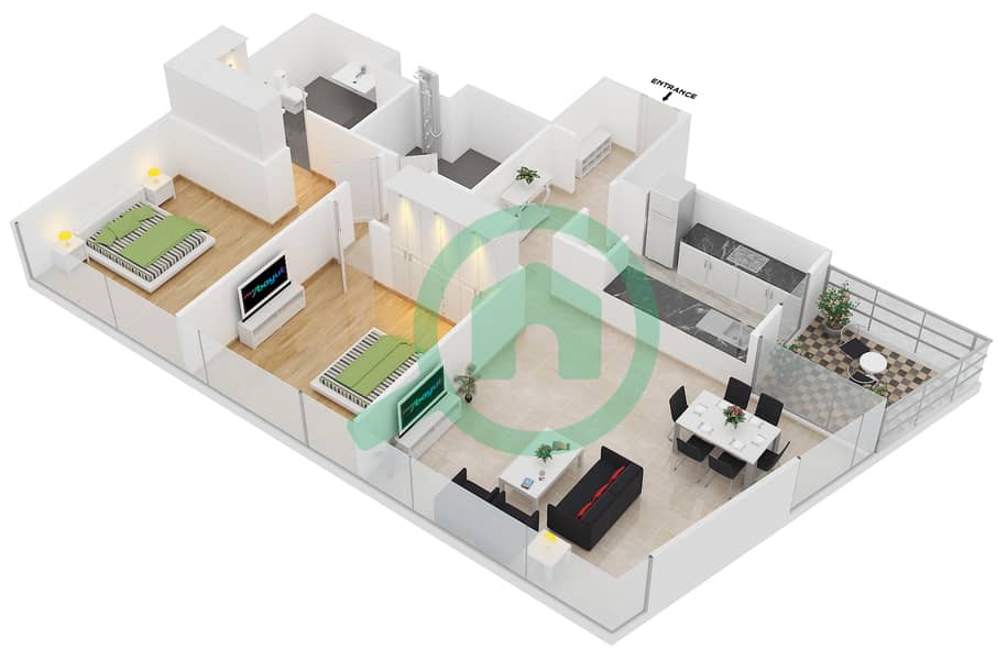 المخططات الطابقية لتصميم النموذج A1-MEDIUM شقة 2 غرفة نوم - برج سكاي كورتس D interactive3D