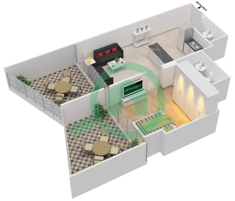宾格蒂景观公寓 - 1 卧室公寓单位202戶型图 interactive3D