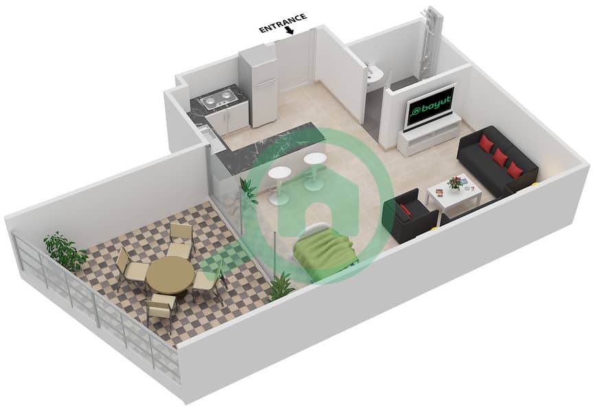 宾格蒂景观公寓 - 单身公寓单位204戶型图 interactive3D