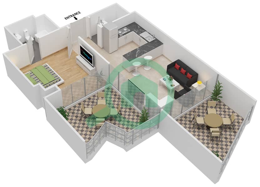 宾格蒂景观公寓 - 1 卧室公寓单位205戶型图 Floor 2 interactive3D