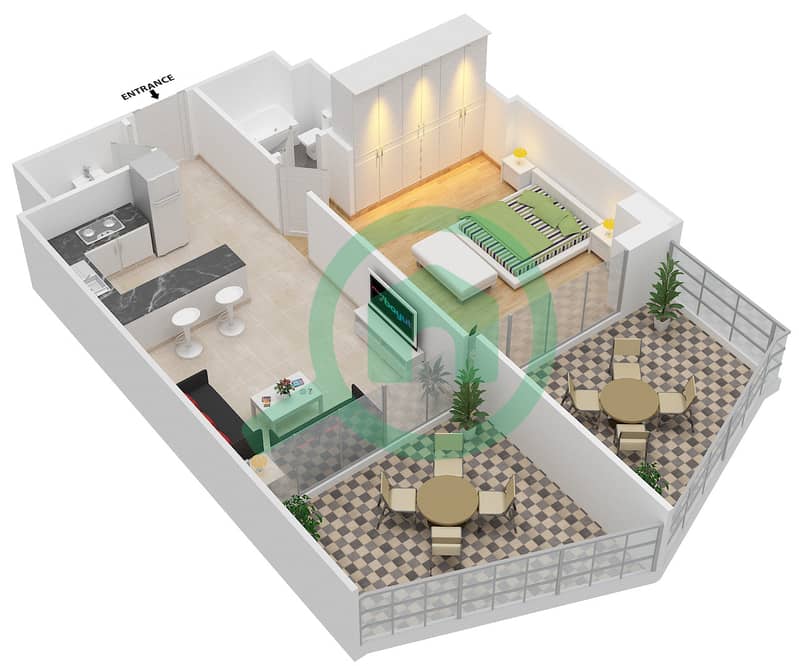 宾格蒂景观公寓 - 1 卧室公寓单位206戶型图 interactive3D