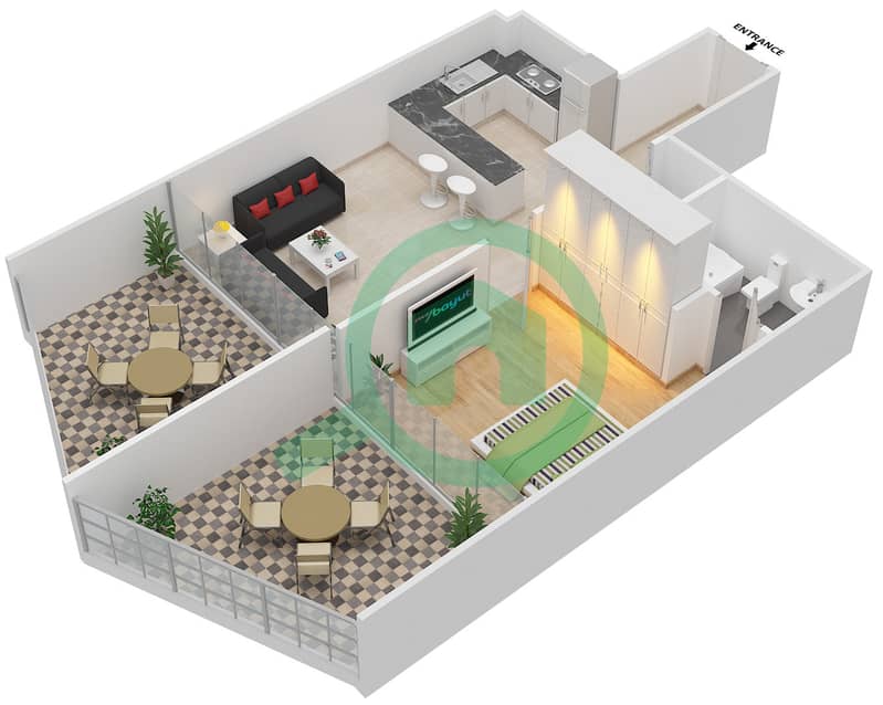 المخططات الطابقية لتصميم الوحدة 208 شقة 1 غرفة نوم - بن غاطي فيوز interactive3D