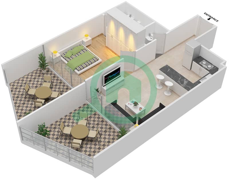 宾格蒂景观公寓 - 1 卧室公寓单位211戶型图 interactive3D