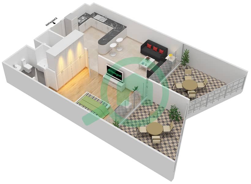 المخططات الطابقية لتصميم الوحدة 212 شقة 1 غرفة نوم - بن غاطي فيوز interactive3D