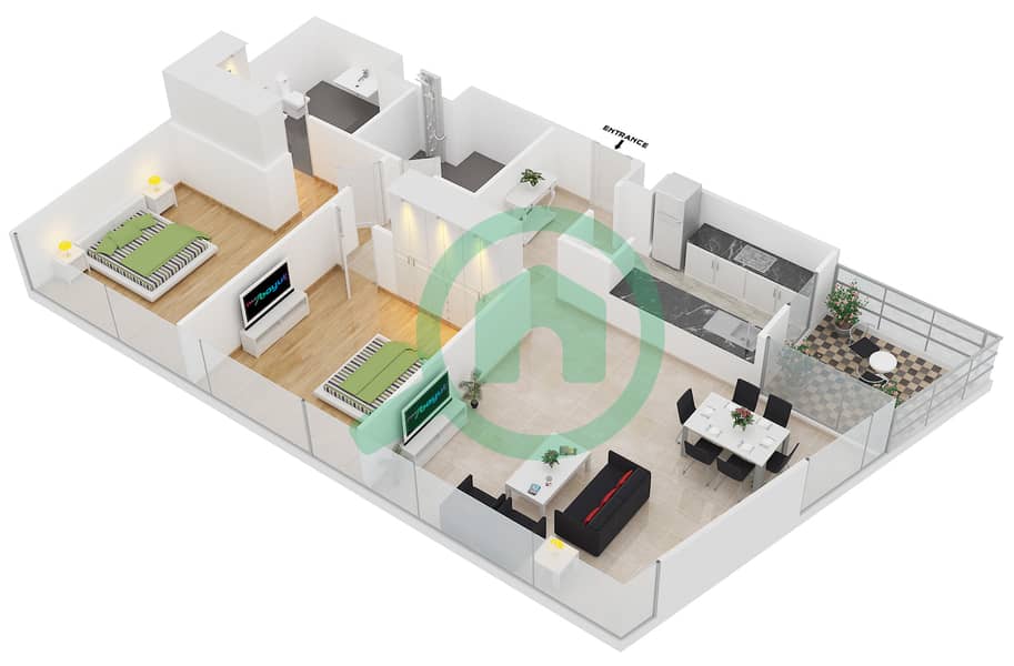 المخططات الطابقية لتصميم النموذج A-MEDIUM شقة 2 غرفة نوم - برج سكاي كورتس D interactive3D