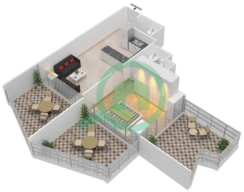 宾格蒂景观公寓 - 1 卧室公寓单位214戶型图 interactive3D