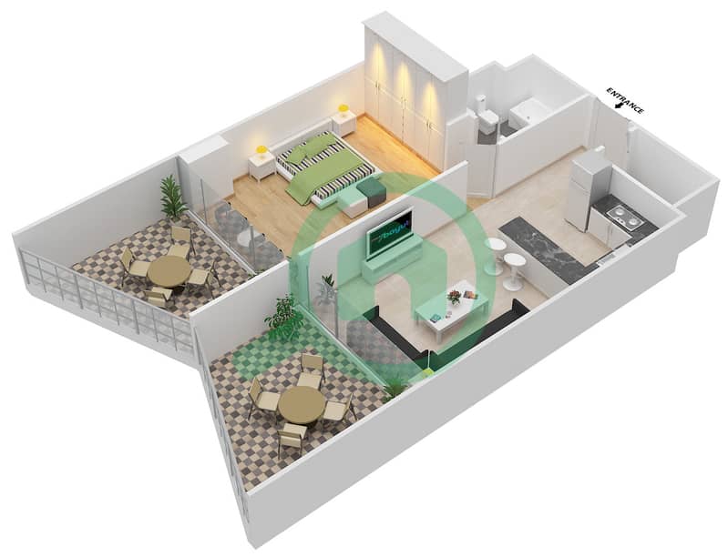 宾格蒂景观公寓 - 1 卧室公寓单位301戶型图 interactive3D