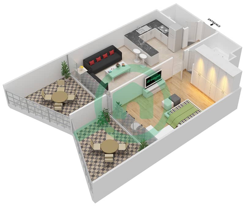 المخططات الطابقية لتصميم الوحدة 306 شقة 1 غرفة نوم - بن غاطي فيوز interactive3D