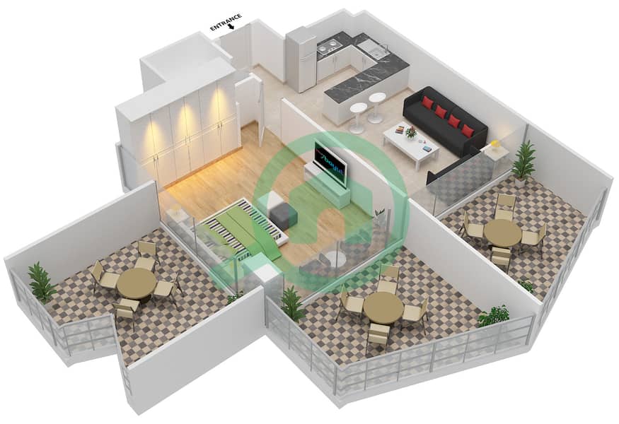 宾格蒂景观公寓 - 1 卧室公寓单位313戶型图 interactive3D
