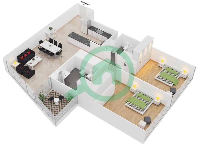 المخططات الطابقية لتصميم النموذج B-MEDIUM شقة 2 غرفة نوم - برج سكاي كورتس D interactive3D