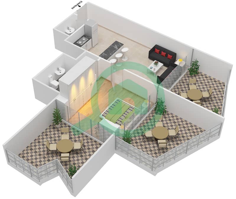 宾格蒂景观公寓 - 1 卧室公寓单位317戶型图 interactive3D