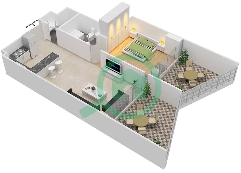 宾格蒂景观公寓 - 1 卧室公寓单位318戶型图 interactive3D