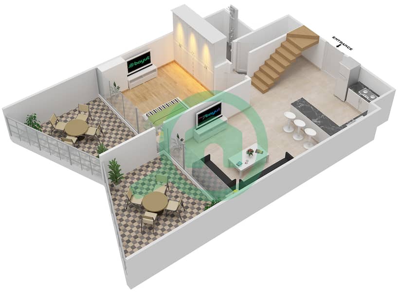 المخططات الطابقية لتصميم الوحدة 901 شقة 3 غرف نوم - بن غاطي فيوز Lower Floor interactive3D
