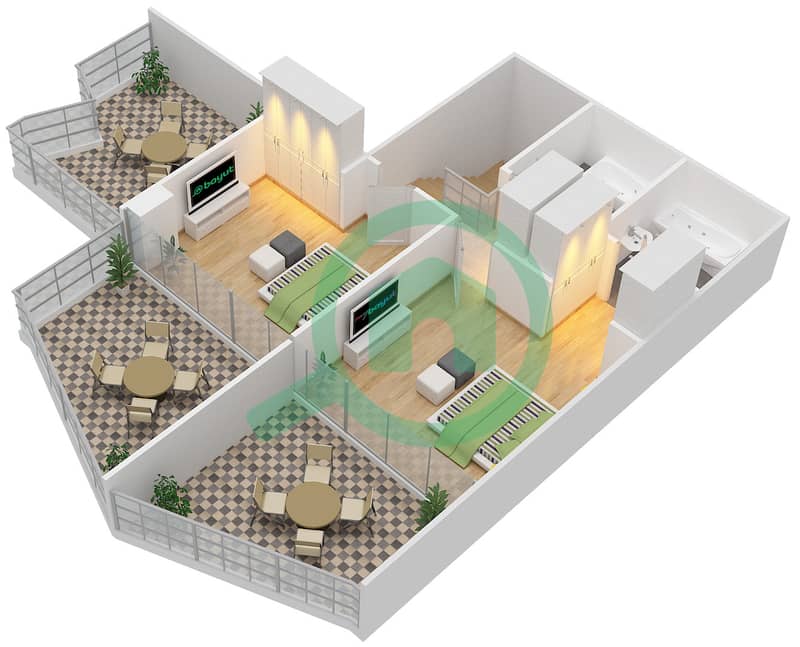 المخططات الطابقية لتصميم الوحدة 901 شقة 3 غرف نوم - بن غاطي فيوز Upper Floor interactive3D