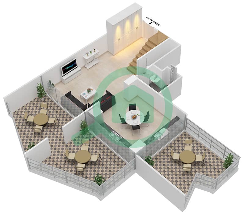 宾格蒂景观公寓 - 2 卧室公寓单位902戶型图 Lower Floor interactive3D