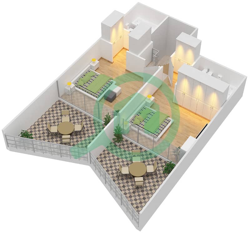 المخططات الطابقية لتصميم الوحدة 902 شقة 2 غرفة نوم - بن غاطي فيوز Upper Floor interactive3D