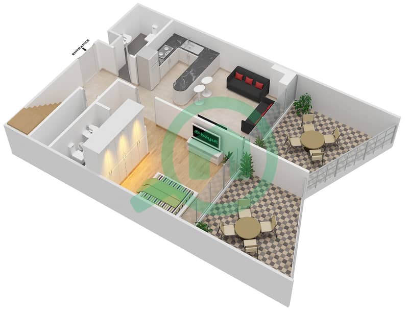 المخططات الطابقية لتصميم الوحدة 906 شقة 3 غرف نوم - بن غاطي فيوز Lower Floor interactive3D