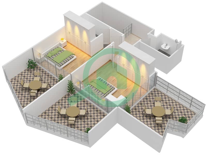 المخططات الطابقية لتصميم الوحدة 906 شقة 3 غرف نوم - بن غاطي فيوز Upper Floor interactive3D