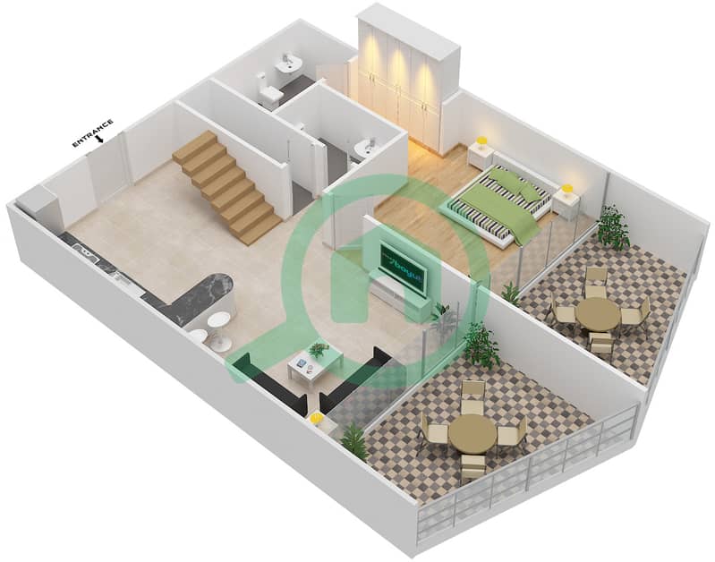 المخططات الطابقية لتصميم الوحدة 909 شقة 3 غرف نوم - بن غاطي فيوز Lower Floor interactive3D