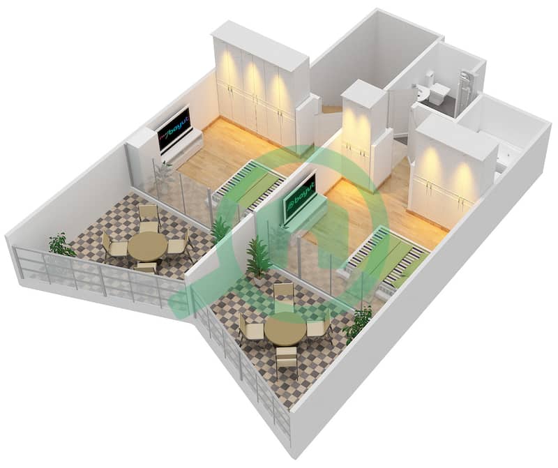المخططات الطابقية لتصميم الوحدة 912 شقة 3 غرف نوم - بن غاطي فيوز Upper Floor interactive3D
