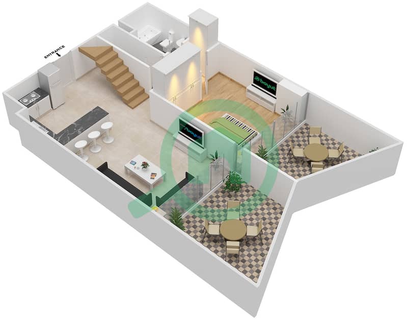 المخططات الطابقية لتصميم الوحدة 917 شقة 3 غرف نوم - بن غاطي فيوز Lower Floor interactive3D