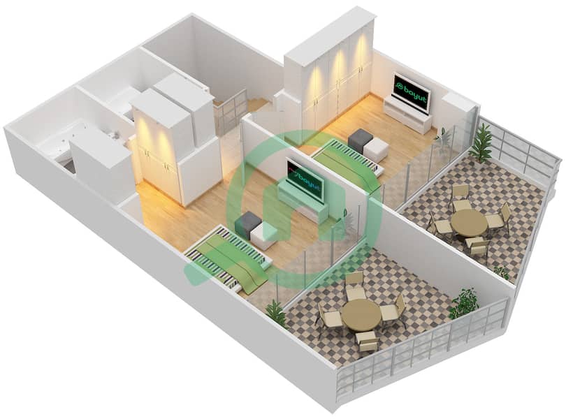 المخططات الطابقية لتصميم الوحدة 917 شقة 3 غرف نوم - بن غاطي فيوز Upper Floor interactive3D