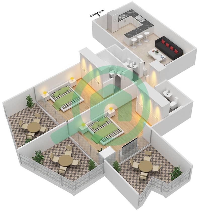 المخططات الطابقية لتصميم الوحدة 1001 شقة 2 غرفة نوم - بن غاطي فيوز interactive3D