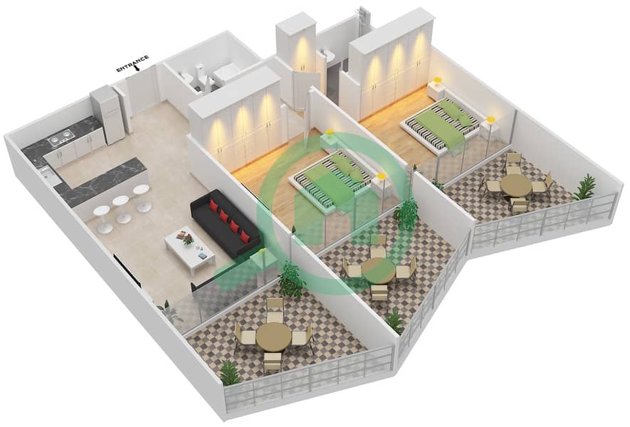 المخططات الطابقية لتصميم الوحدة 1008 شقة 2 غرفة نوم - بن غاطي فيوز interactive3D