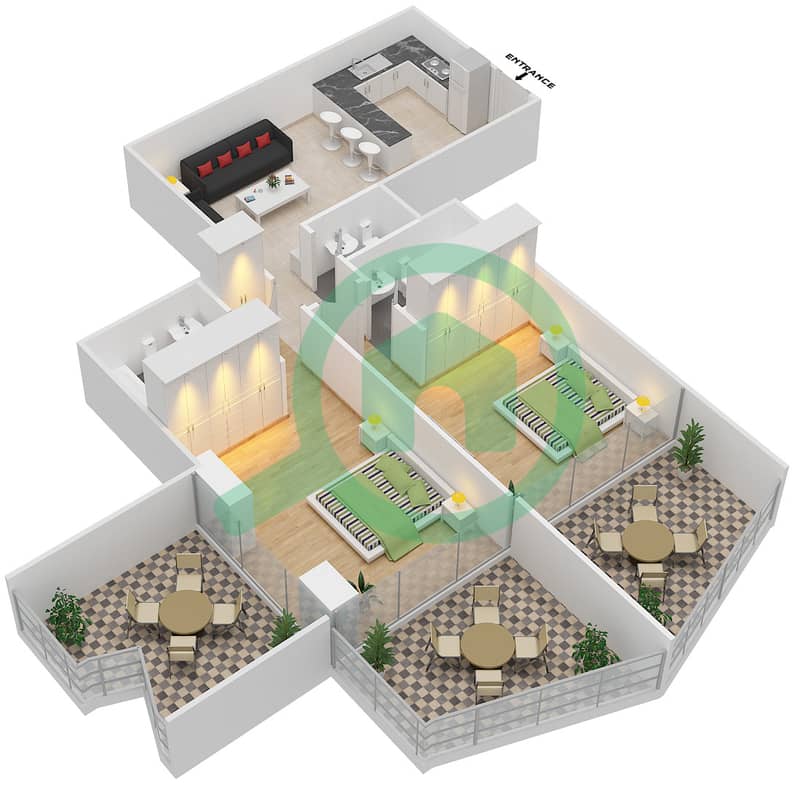 宾格蒂景观公寓 - 2 卧室公寓单位1009戶型图 interactive3D
